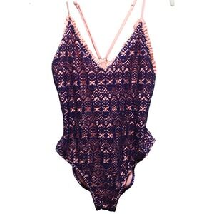 True Craft Lace Overlay One Piece‎ Swimsuit Ruffle Trim Cross Back Straps Size L
